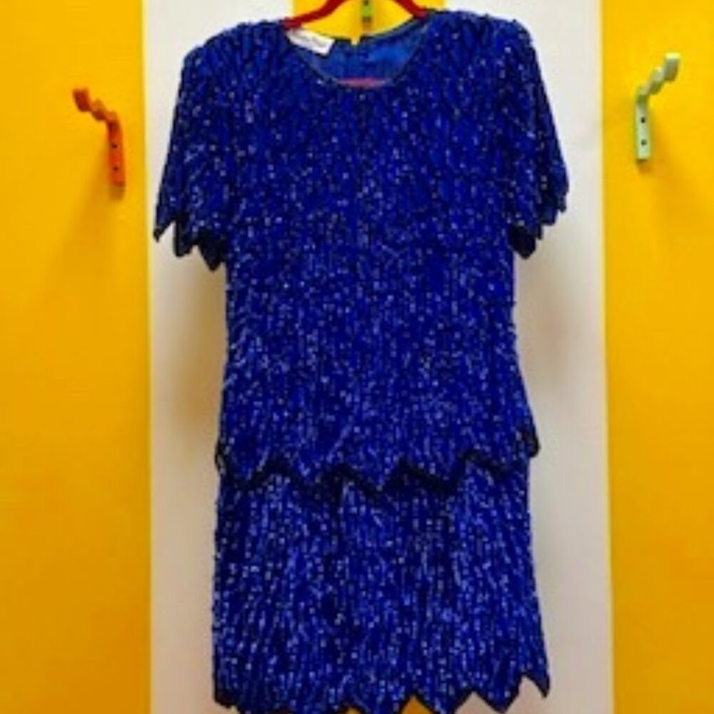 Vintage Blue Sequin Peplum Style one-piece dress with beading size Pet. Large